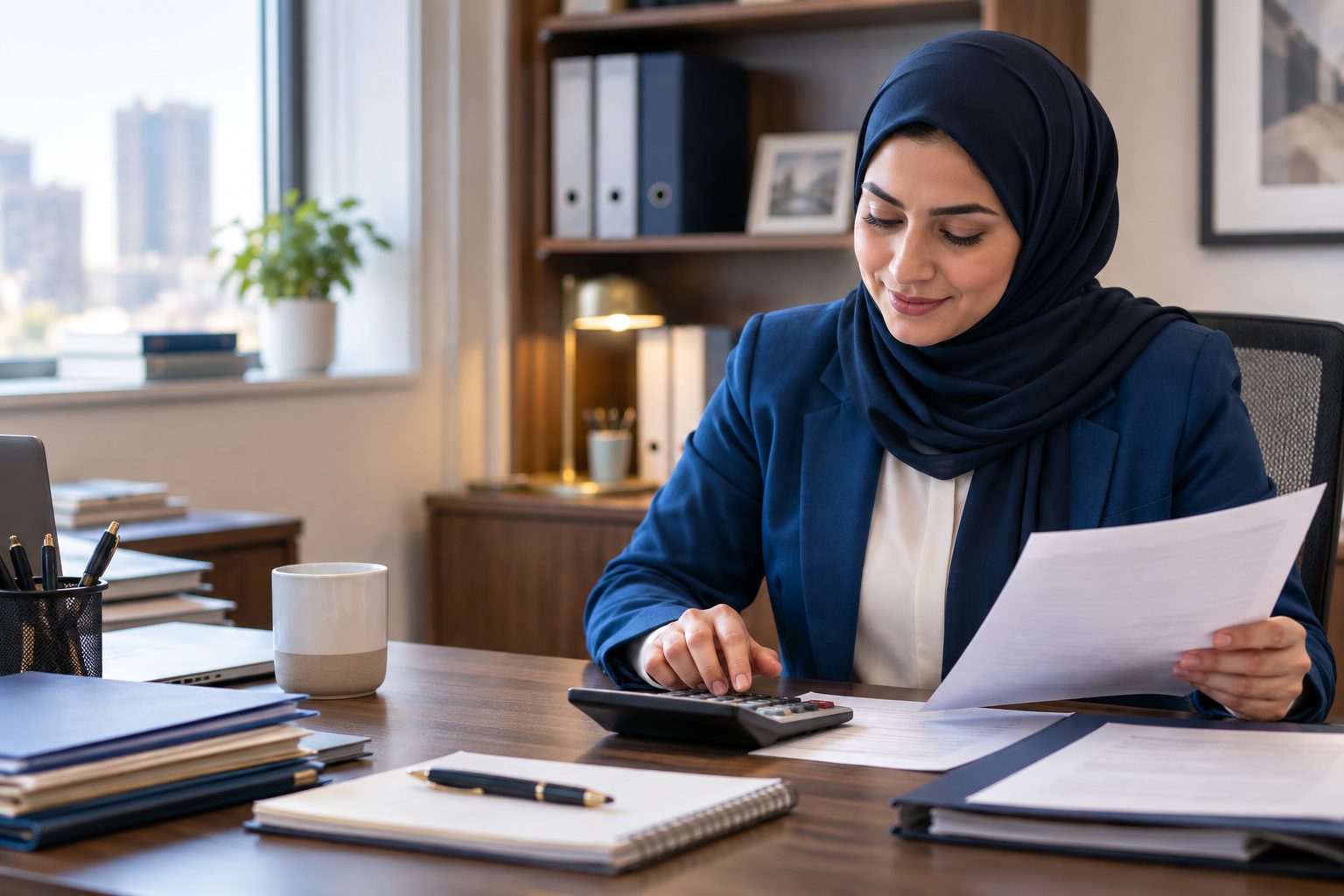 Payroll administrator checking a statement against a desk calculator