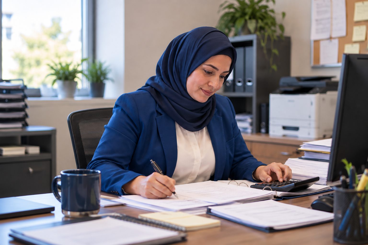 Payroll administrator checking a payroll summary against a calculator at her desk
