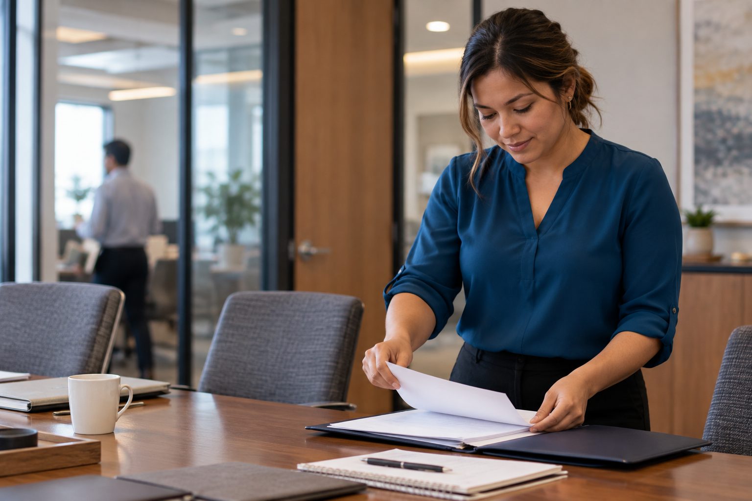 Business administrator reviewing a document folder at a boardroom table