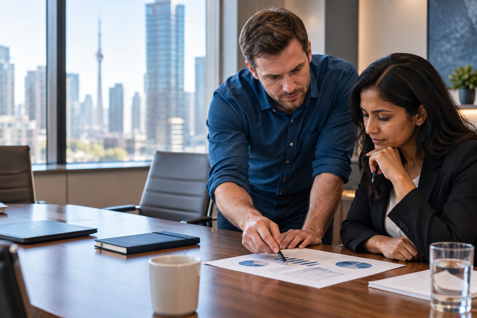 Operations manager going through a report with a colleague at a boardroom table