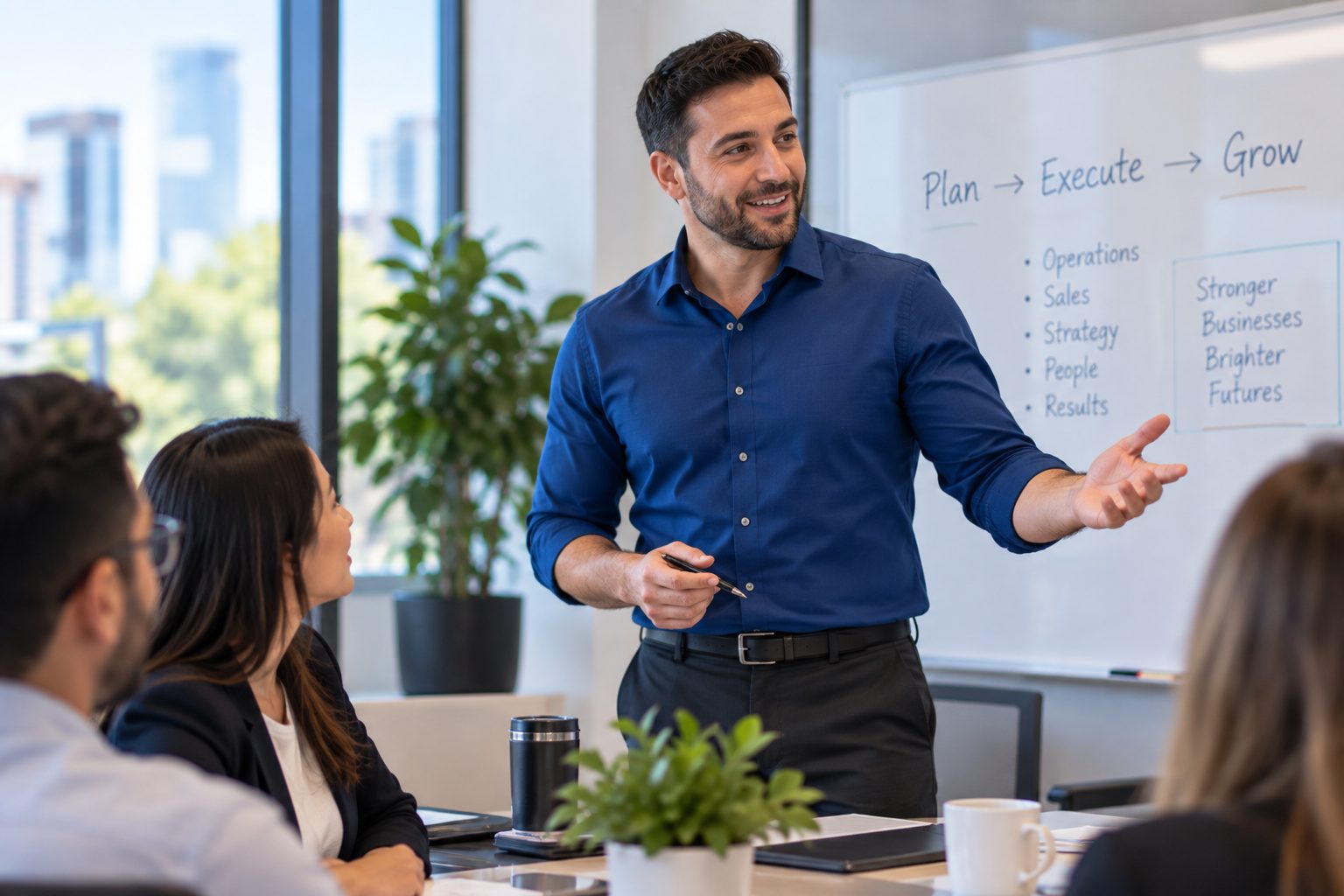 Operations manager presenting a plan to colleagues in a meeting room