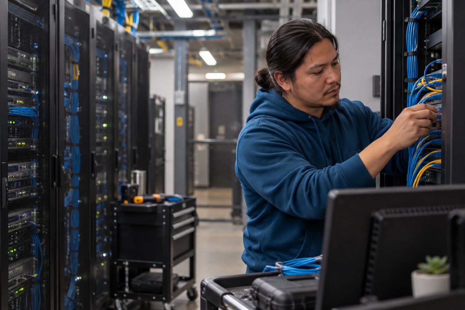 Cyber security engineer working at a patch panel in a server room