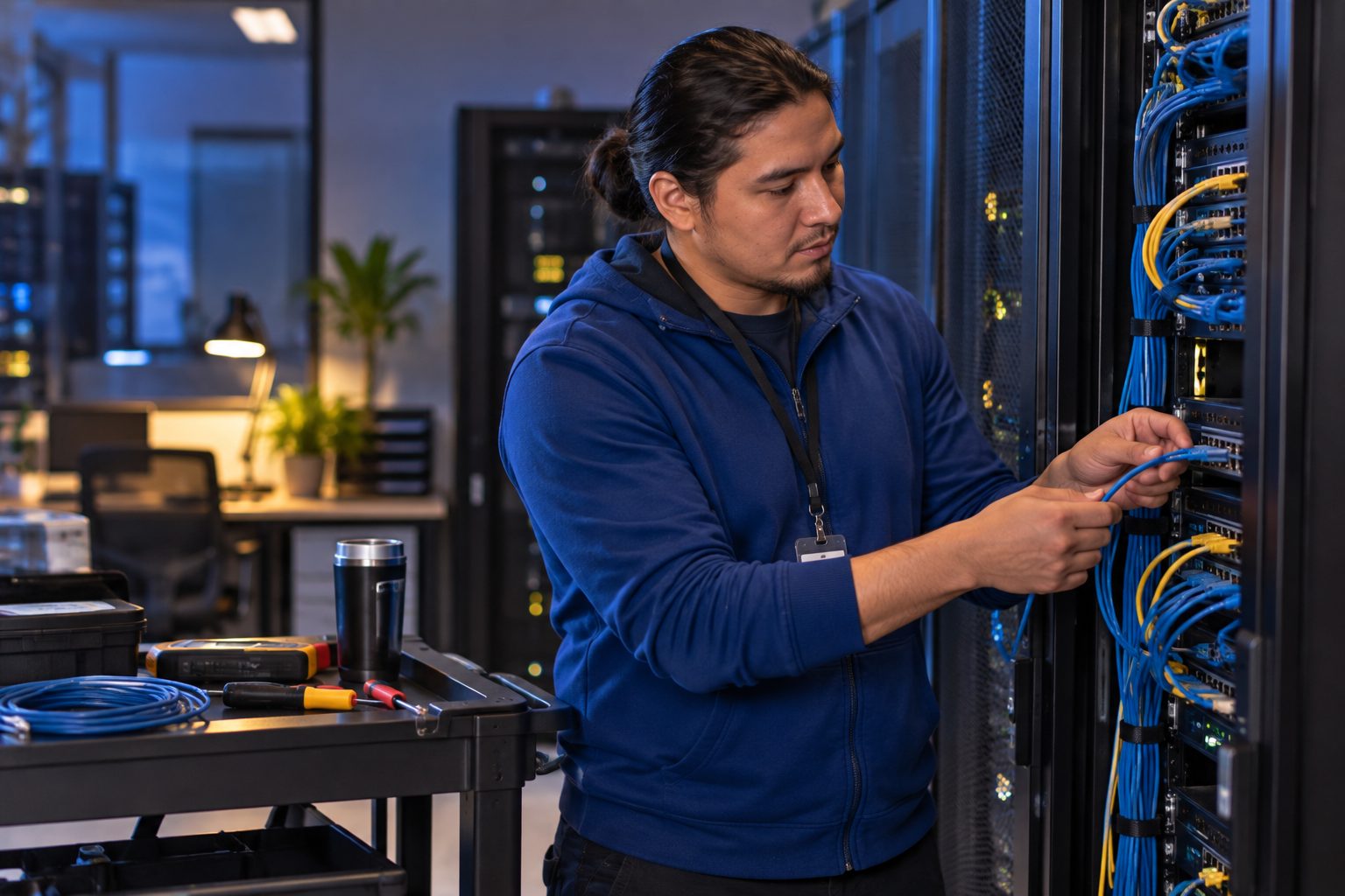 Network engineer seating a patch cable in a server rack