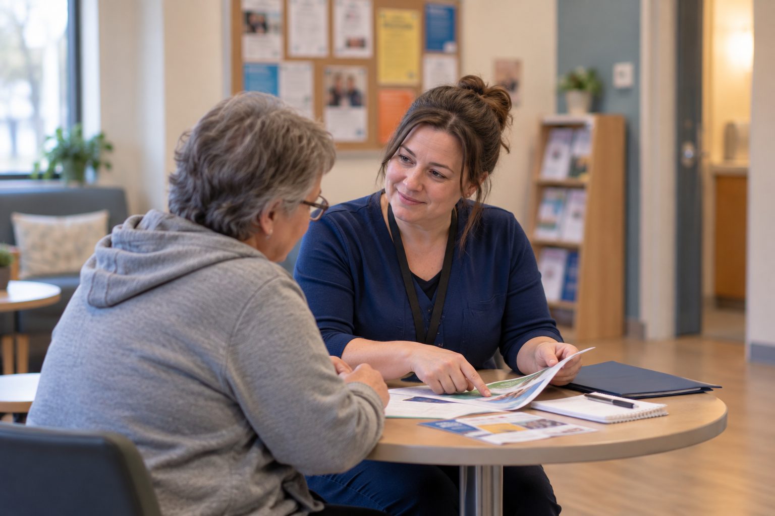 Community services worker going through information with a client at a table