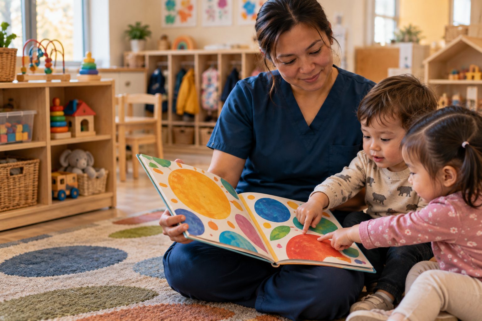 Early childhood assistant reading a picture book with two toddlers on a classroom rug