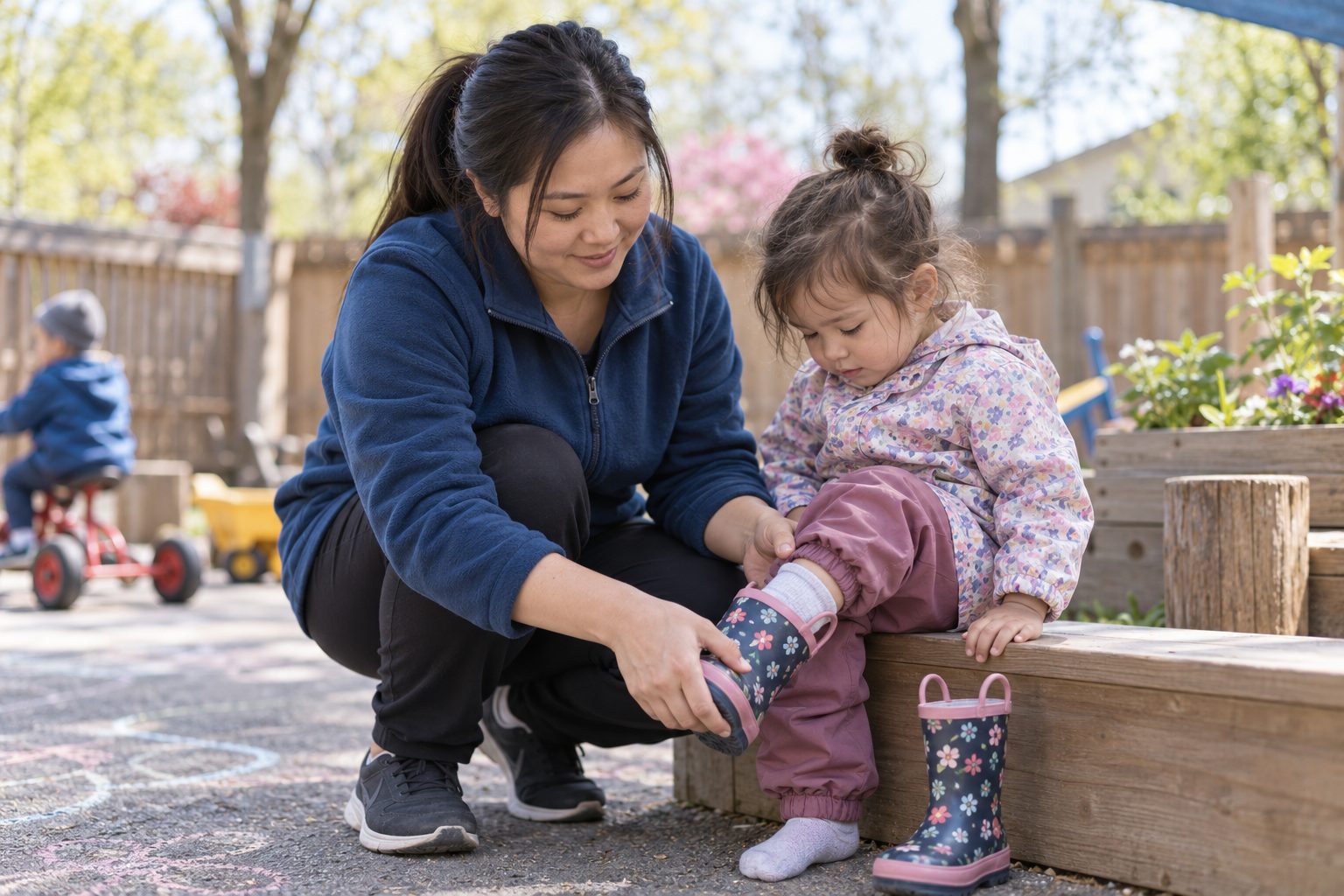 Early childhood assistant helping a toddler pull on a rain boot in a daycare play yard
