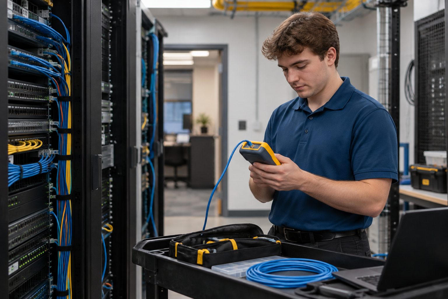 Network engineer reading a cable tester beside a patch panel