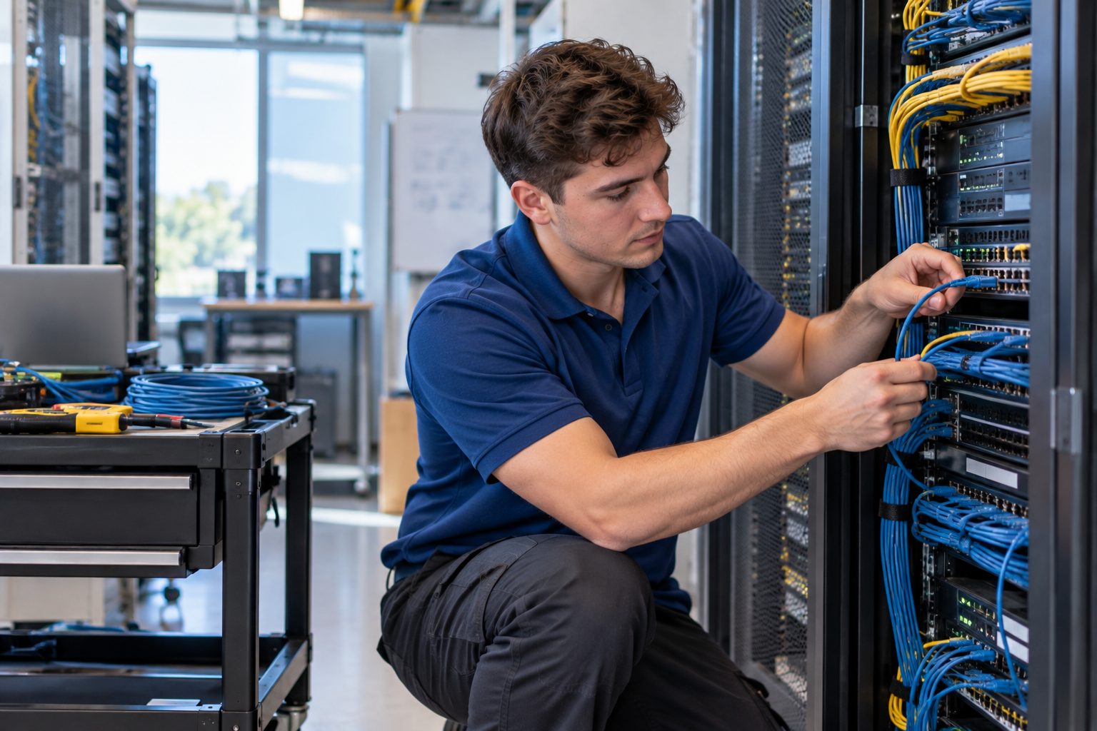 Network engineer kneeling at an open rack, seating a patch cable into a switch
