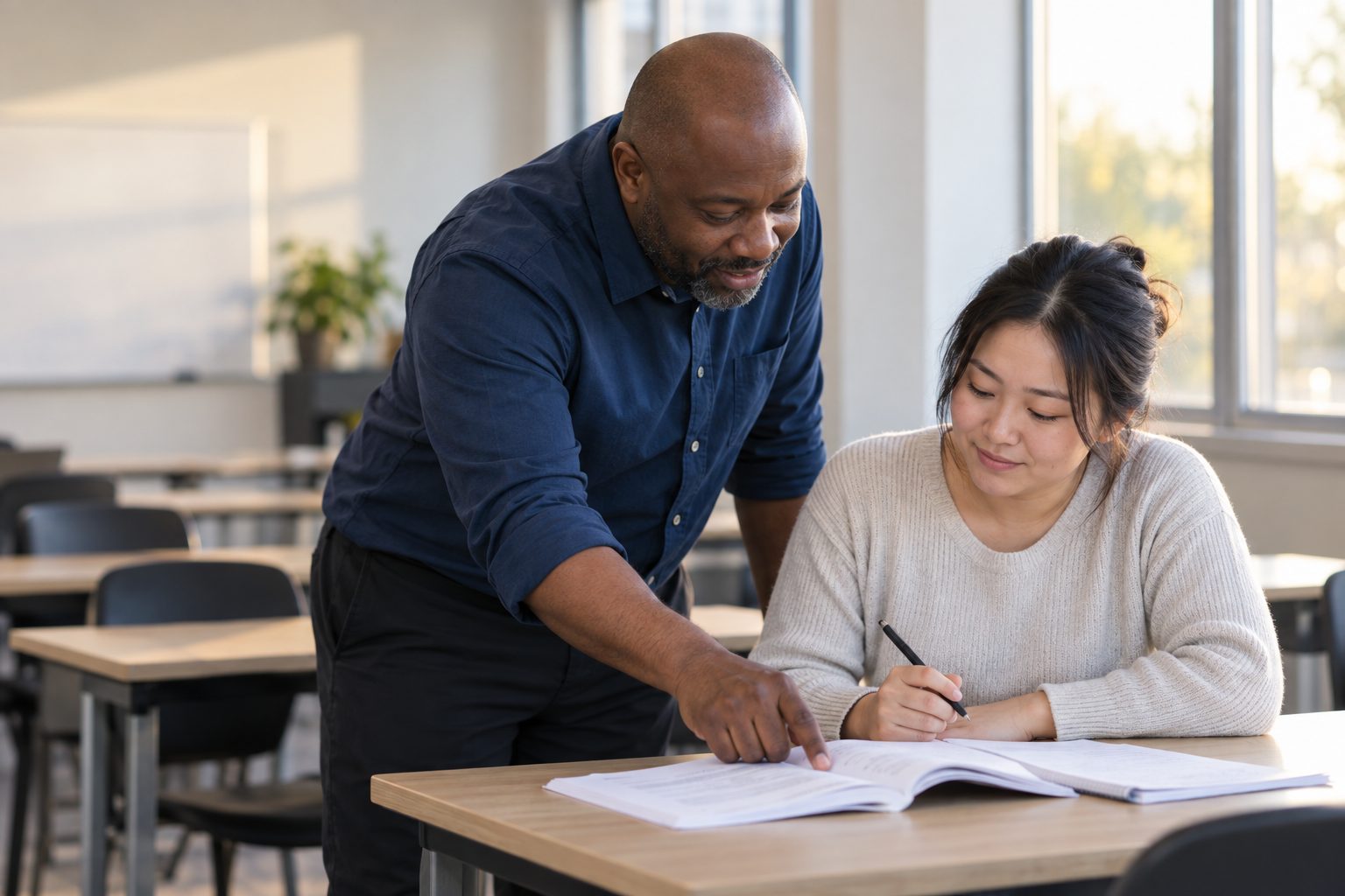 Instructor helping an adult student with a workbook in a classroom