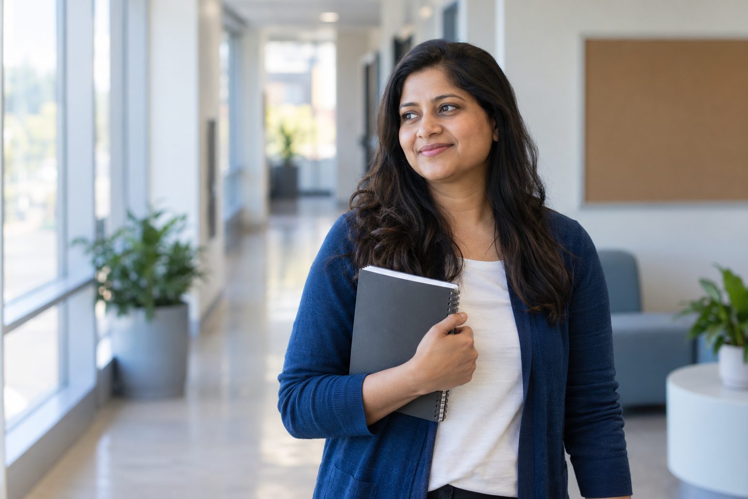 Adult student holding a notebook in a bright college corridor