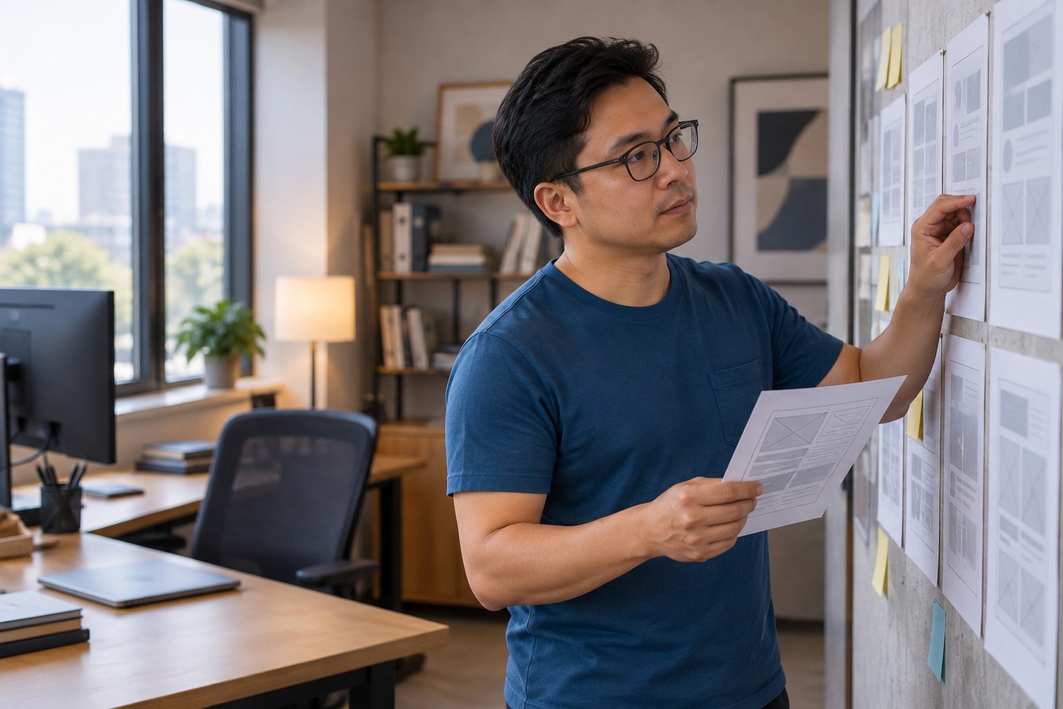 Mobile app developer pinning a wireframe sheet to a studio wall