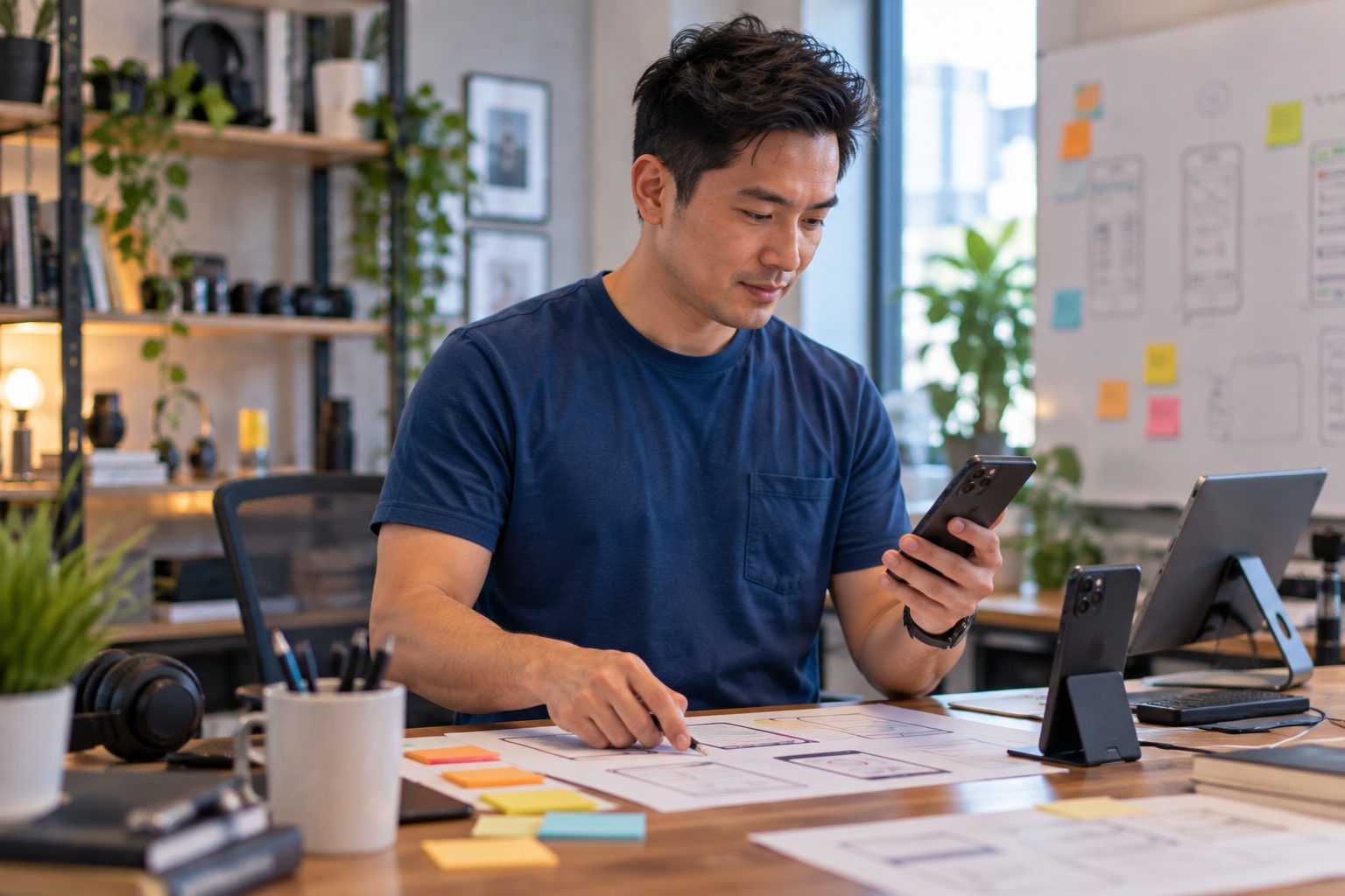 Mobile app developer checking a build on a phone against wireframes at his desk