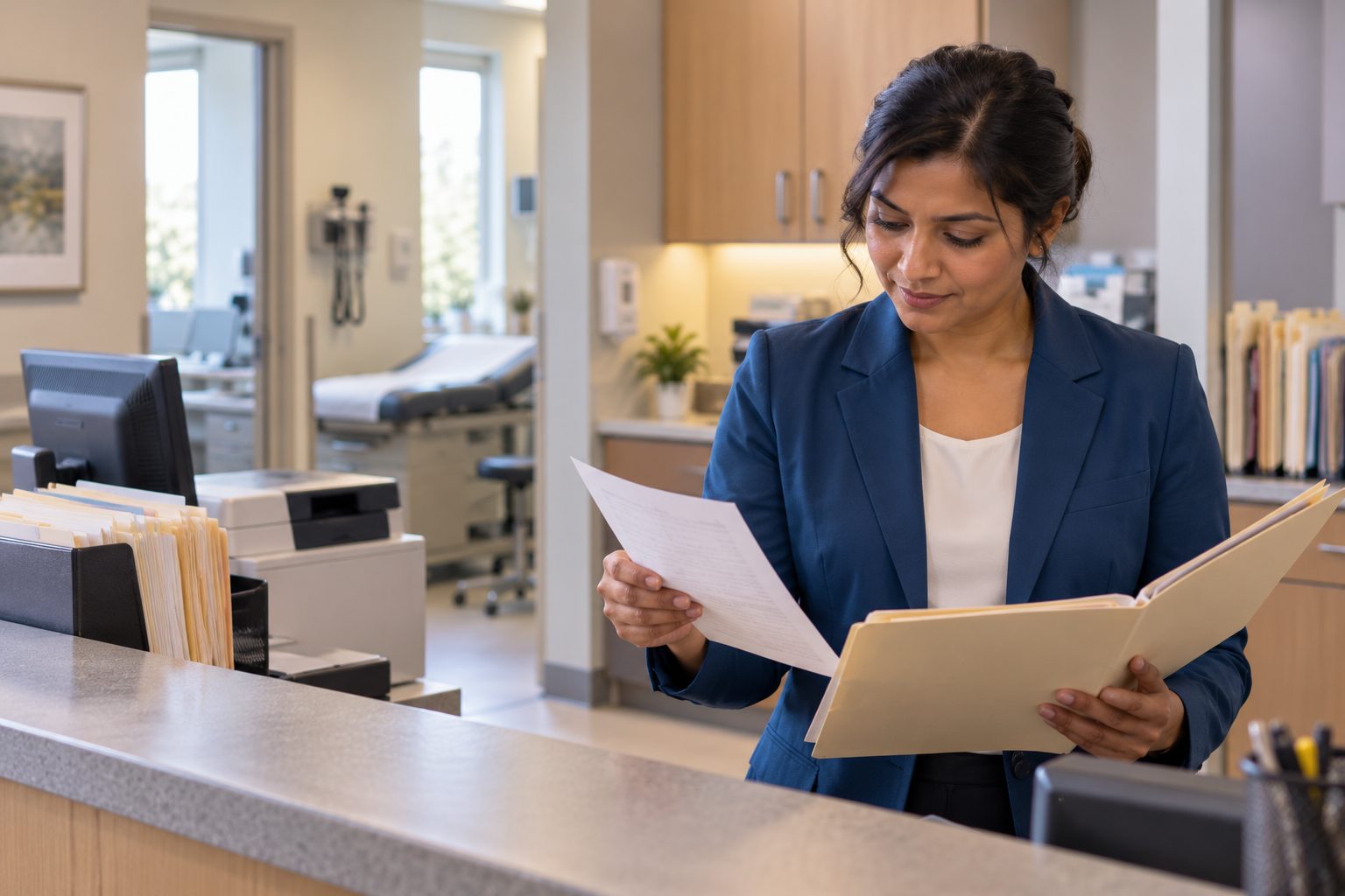 Medical office administrator reading a patient file at the clinic counter