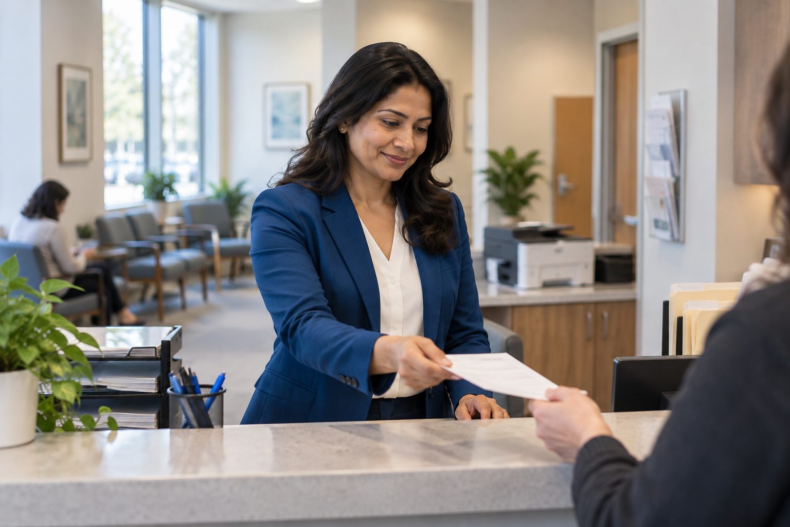 Medical office administrator handing an appointment slip to a patient at a clinic reception counter