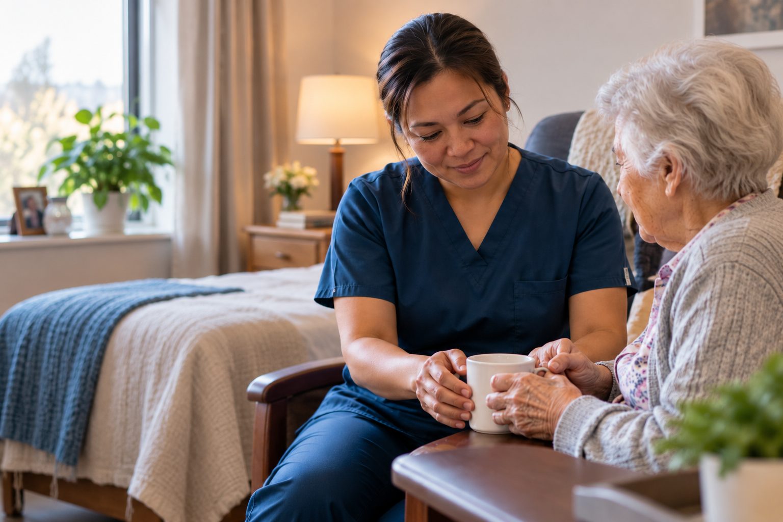Personal support worker steadying a resident's hands around a cup of tea
