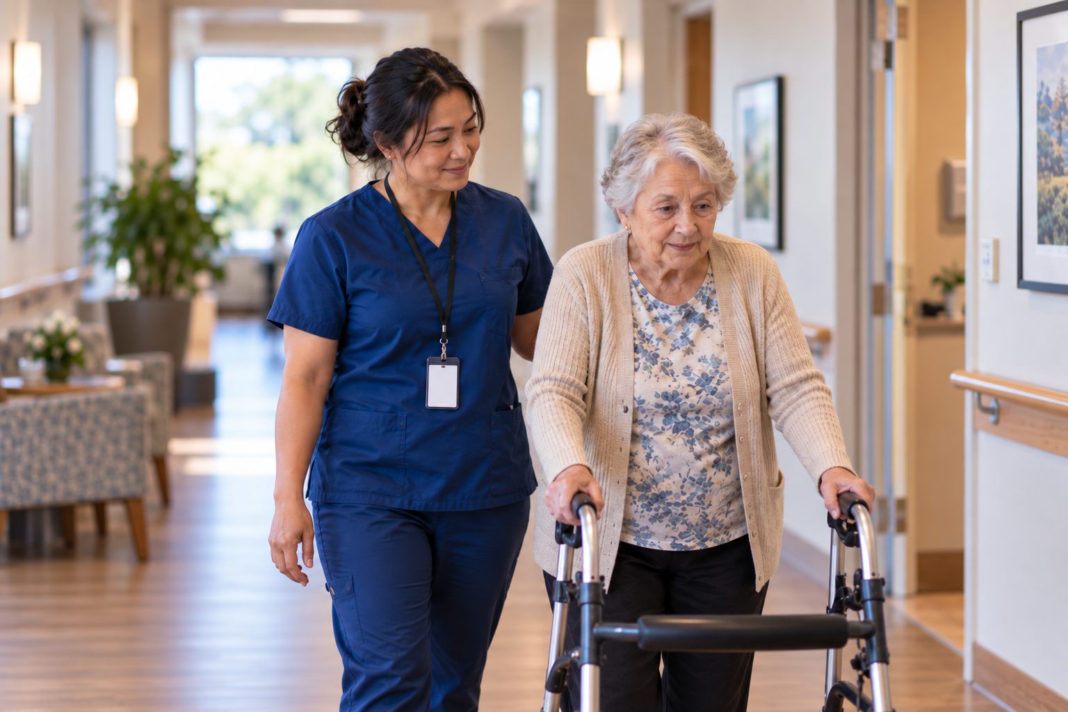Personal support worker walking beside a resident using a walker in a care residence corridor