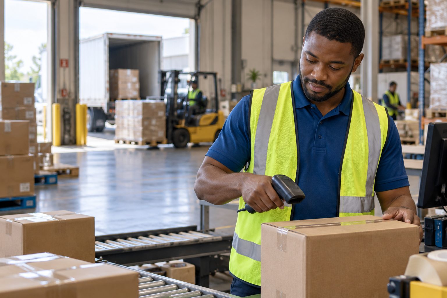 Logistics coordinator scanning a carton at the loading dock