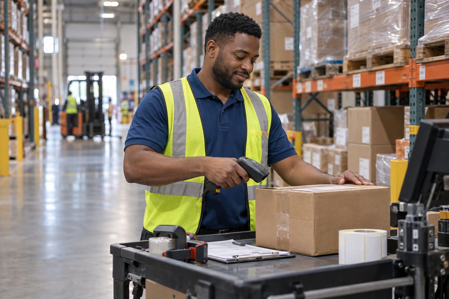 Logistics coordinator scanning a carton at a mobile workstation in a warehouse aisle
